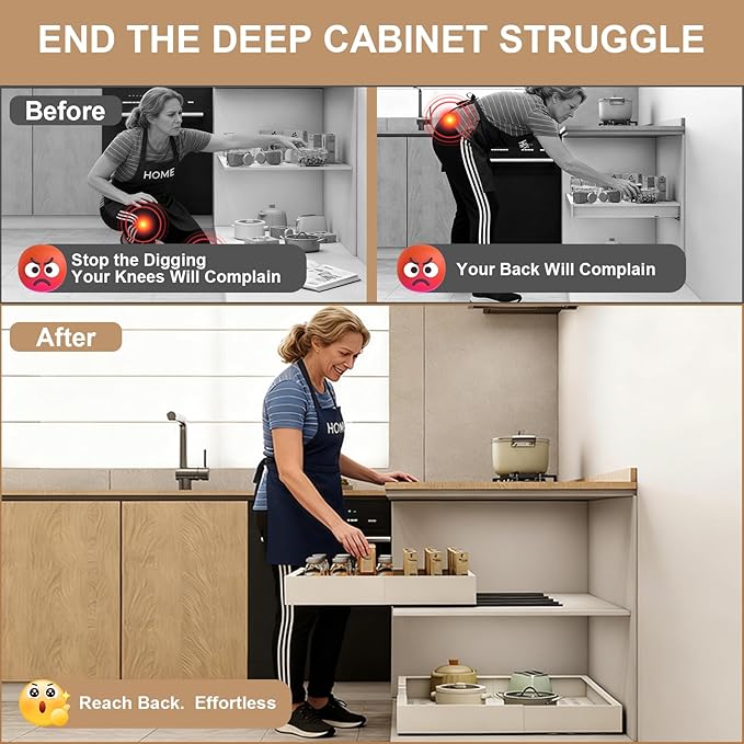 Pull out Cabinet Organizer,Width (7"-11") and Depth (17"-24") Expandable With 3 Rails,No Drill Adjustable Slide out Drawers for Kitchen,Pantry,Adhesive Roll out Shelves,for Cabinets Without Lip,White