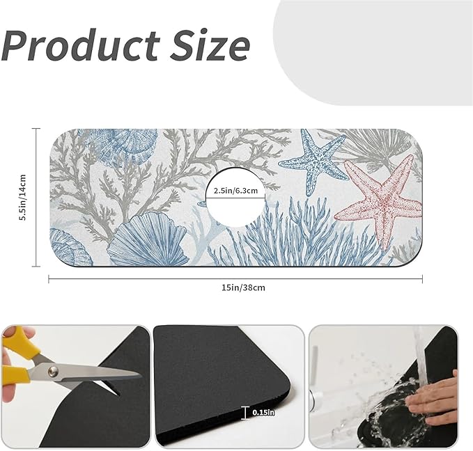 Kitchen Sink Splash Guard，coral starfish shells Faucet Mat Sink Gadgets-Super Absorbent Fast Drying Mat Drip Catcher for Kitchen, Bathroom,Sink Mat, Dish Drying Mat, Bathroom(15" X 5.5" )