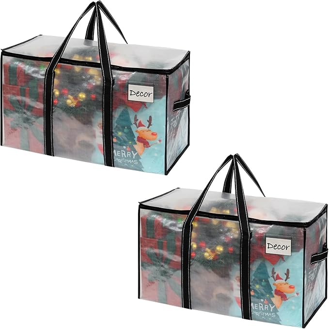 VENO 2 Pack Clear Moving Bags Christmas Storage Bags, Large Storage Bins with Lids, Heavy Duty Holiday Decor Organizers Moving Boxes Tote Packing Garland Ornament Supplies for College Dorm Clothes