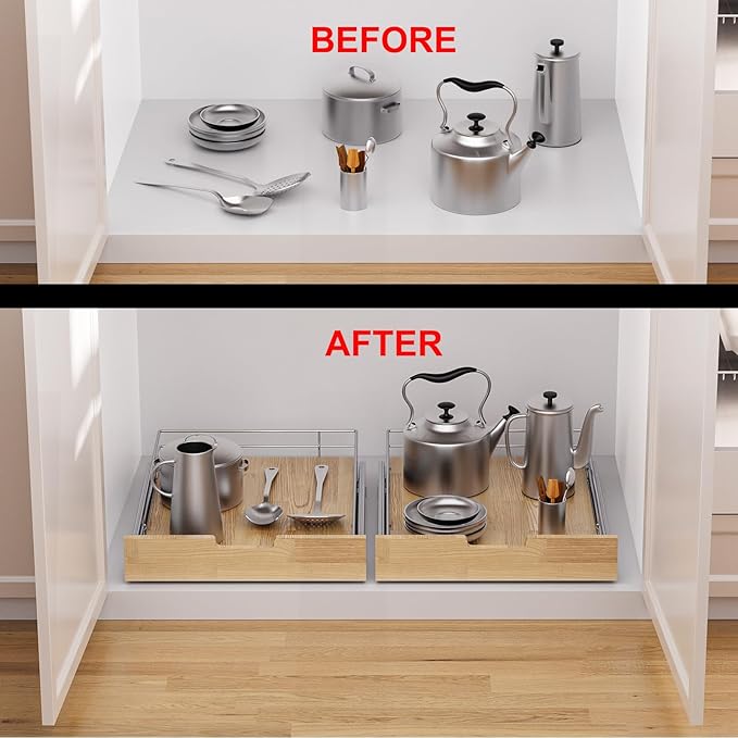 Sikarou Pull Out Cabinet Organizer,Heavy-Duty Slide Out Shelf, Wood And Wire Basket, Pull Out Drawer for for Kitchen Under Sink Space, Pantry, Bathroom (17 * 21 WM)