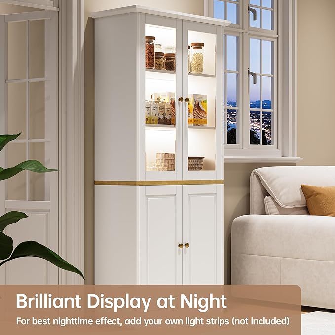 71" Kitchen Pantry Cabinet with Glass Doors, Modern Coffee Bar Storage Cabinet with Adjustable Shelves & Wooden Doors, Freestanding Cupboard for Dining Room or Living Room, White