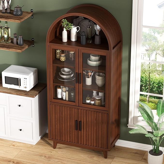 FiveWillowise Kitchen Pantry Cabinet with Glass Doors - Arched Design, Solid Wood Legs, Artistic Fluted Door, Adjustable Shelves, 70.8" Curved Storage Cabinet for Kitchen, Dining Room