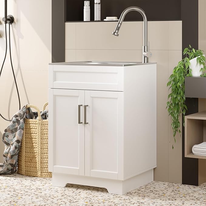 Laundry Sink Cabinet with Stainless Steel Sink and Pull-Down Faucet, 24 Inch Large Utility Sink Cabinet for Laundry/Utility Room, Kitchen, Bathroom and Garage, White