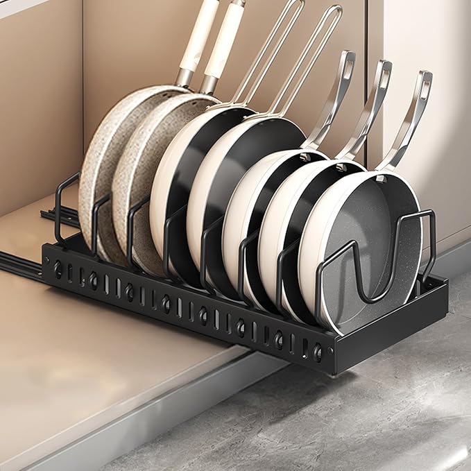 2 Pack Pots and Pans Organizer Under Cabinet, Sliding Pot Lid Holder and Pan Rack in Kitchen, Pull out Pot and Pan Organizer, for Pot Lid, Bakeware, Dishes, Pots and Pans Storage