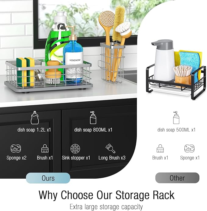 Large Family-Sized Sponge Holder for Kitchen Sink, Sink Caddy Organizer with Brush Holder - Drain-Free Non-Slip Base, Stainless Steel with Rust-Resistant Coating-10.24" L x 6.5" W x 5.83" H