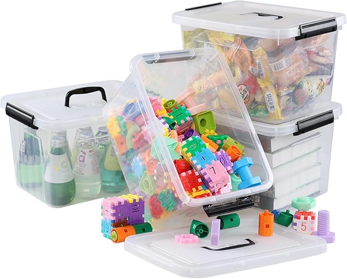 Wekioger 4 Pack 12 Quart Latching Storage Box with Handle, Clear Lidded Tote Bin