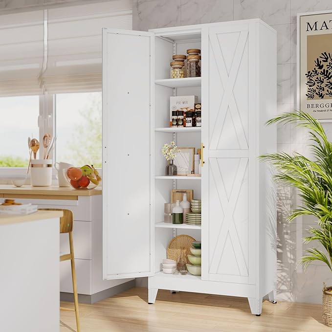 71" Tall Kitchen Pantry Cabinet, Metal Storage Cabinet with 2 Doors and 4 Adjustable Shelves, White Food Pantry Cupboard for Kitchen, Dining Room, Living Room and Bathroom (White)