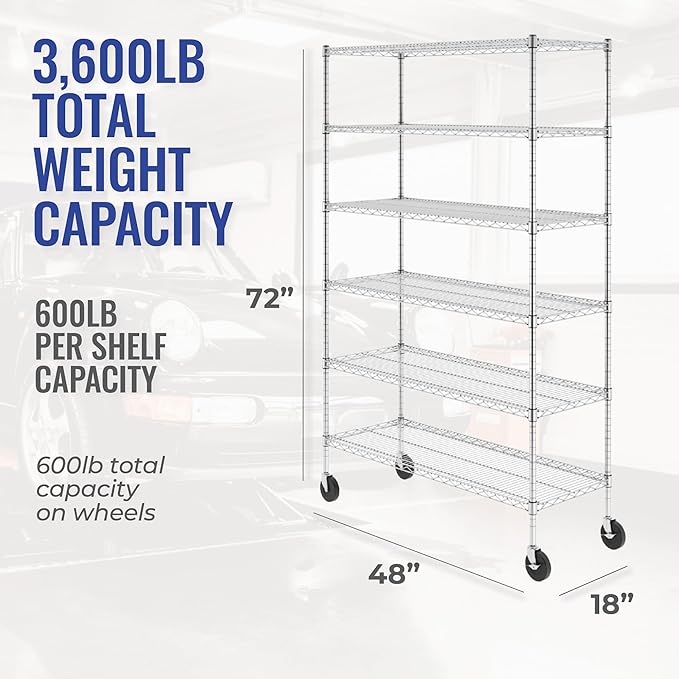 SafeRacks - NSF Certified Storage Shelves, Zinc, Heavy Duty Steel Wire Unit with Wheels and Adjustable Feet, Garage or Bakers Rack, Kitchen, Pantry Shelf - (18"x48"x72" 6-Tier) (Silver)