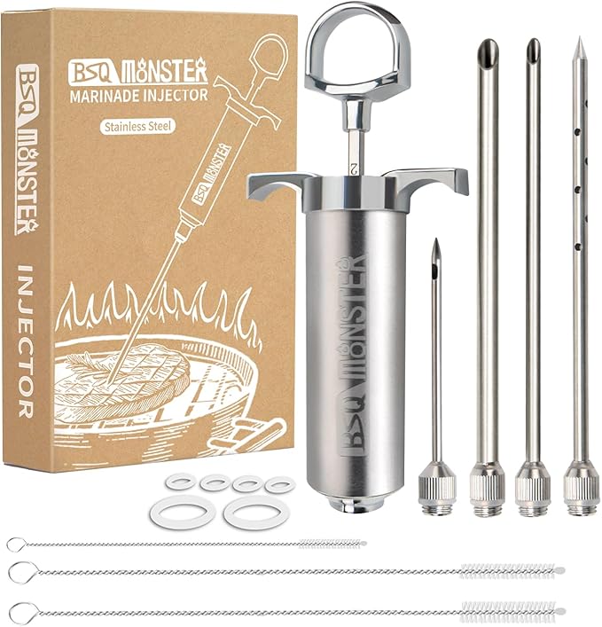 BSQ MONSTER Meat Injector Syringe Kit with 4 Professional Marinade Injector Needles for BBQ Grill Smoker, Turkey and Brisket; 2-oz Large Capacity, Including Paper User Manual, Recipe E-Book (PDF)