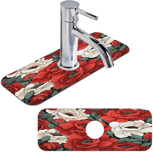 Red And White Roses Kitchen Faucet Mat Splash Guard, 15.4”x5.7” Absorbent Quick Drying Sink Mat for Countertop Protection, Draining Mat Sink Protectors For Kitchen Bathroom, 2 Pack