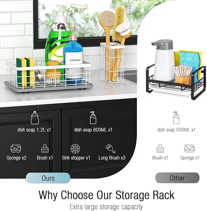 Large Family-Sized Sponge Holder for Kitchen Sink, Sink Caddy Organizer with Brush Holder - Drain-Free Non-Slip Base, Stainless Steel with Rust-Resistant Coating-10.24" L x 6.5" W x 5.83" H