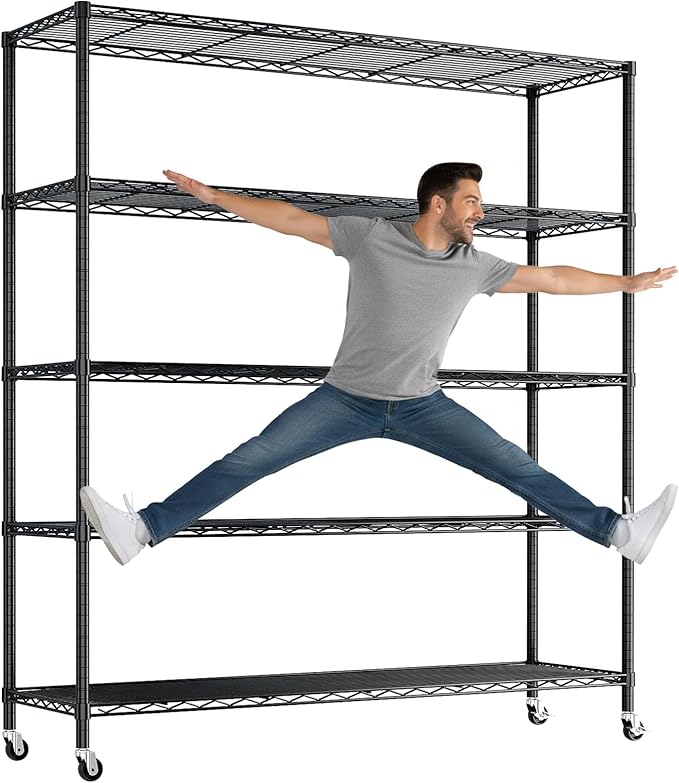 VINGLI 5 Tier Metal Storage Shelves 73''H Wire Shelving with Wheels for Storage Adjustable Heavy Duty Garage Shelving Storage Racks for Pantry Shelves Kitchen Office Garage, 73''H X46''W X17''D
