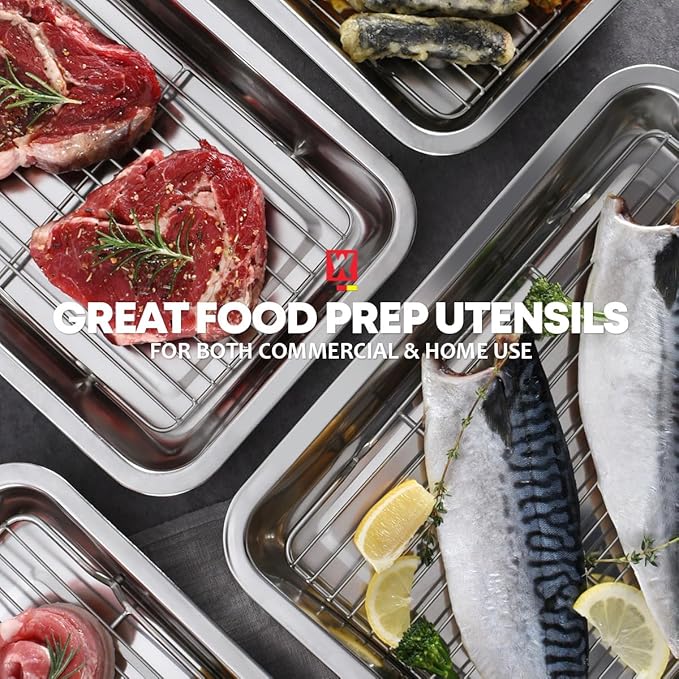 Stainless Steel Food Prep Container Set with Rack & Transparent Lid, Catering Pan, Restaurant Pan, Buffet Party Pans, Hotel Pans, Food Storage (10.63 x 7.87 x 2 inches / 2.38Quarts)
