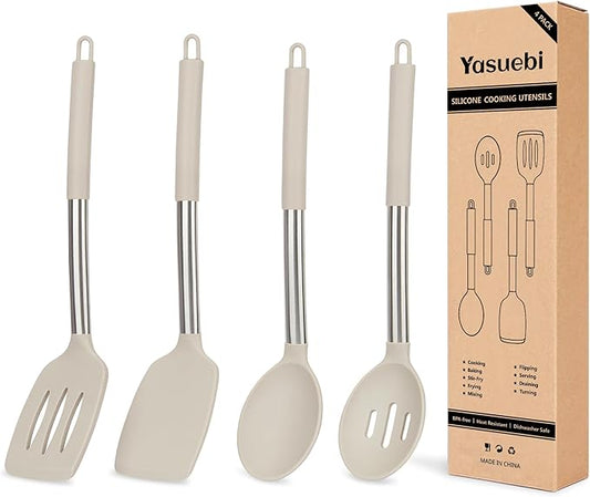 YASUEBI Kitchen Utensils Set Silicone Kitchen Utensils Set for Nonstick Cookware Perfect for Baking and Mixing,Spatula Set BPA Free Dishwasher Safe Khaki 4 Pack