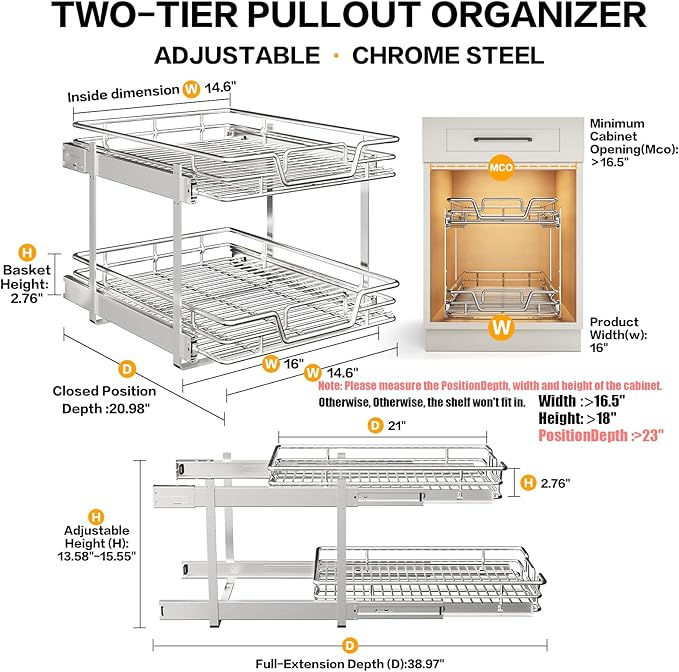 QUYUWU 2-Tier Kitchen Cabinet Pull Out Shelf and Drawer Organizer Slide Out Pantry Storaqe Basket in Multiple Sizes (16" W x 21" D)