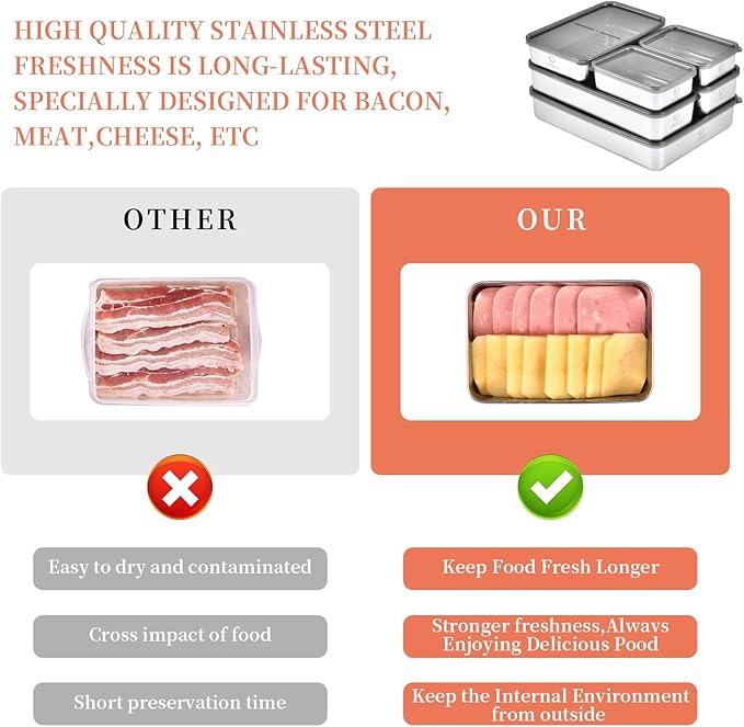 UPTRUST 6 Pack Bacon Cheese Container for Refrigerator, Stainless Steel Meat Container, Dishwasher Safe Storage Containers with Lids for Fridge, 4 Sizes