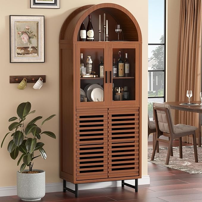 Kitchen Pantry Cabinet with Glass Doors - Arched Design, Metal U Legs, Artistic Slatted Door, Adjustable Shelves, 78.4" Curved Storage Cabinet for Kitchen, Dining Room