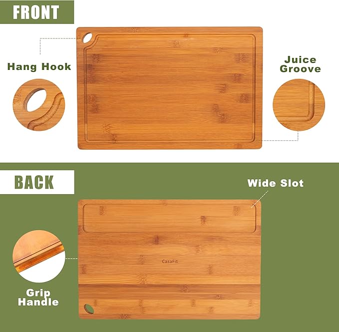 CASAFIT 3 Pack Bamboo Cutting Boards for Kitchen, No Slip Chopping Boards with Juice Groove, Multi-Size Cutting Board Set for Meat Vegetable Fruit for Home & Housewarming Gfit, Wooden Chopping Board