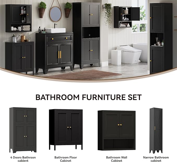 YAUWOH Small Metal Cabinet,Bathroom Storage Cabinet with 2 Adjustable Shelves and 2 Doors,Freestanding Sideboard for Small Spaces, Living Room, Home Office, Dining Room(1PC,Black)