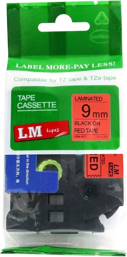 1/Pack LM Tapes - LMe421 Premium 3/8" Black Print on Red Label Compatible with P-Touch TZe-421 Tape and Includes Tape Color/Size Guide. Replaces TZ-421 9mm 0.35 Laminated.