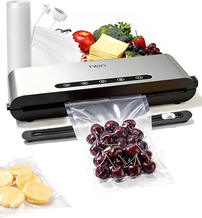 HBN Vacuum Sealer Machine Commercial Automatic Food Vacuum Sealer Built-in Cutter & Bag Storage Countertop Vacuum Sealer with Automatic Hands-Free Lid SUS Stainless Steel 1 Bag Roll & 20 Bags
