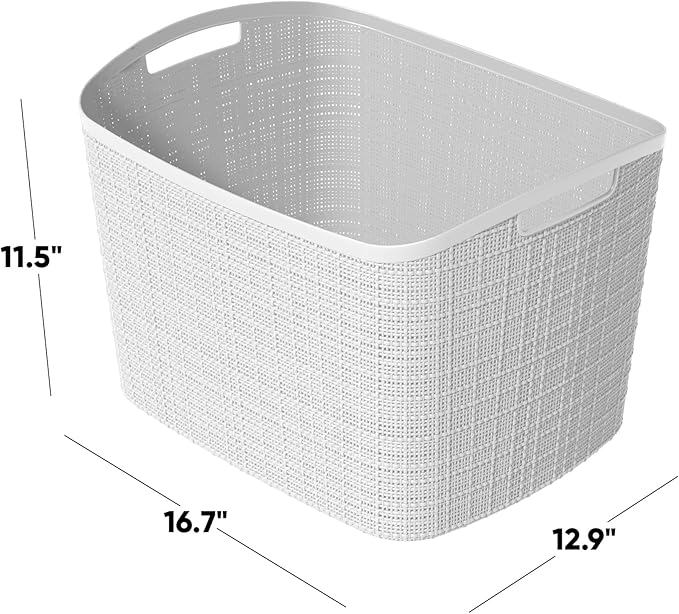 Curver Set of 2 XL 30.5L Jute Decorative Plastic Organization and Storage Baskets - Perfect Bins for Home Office, Closet Shelves, Kitchen Pantry and All Bedroom Essentials, White