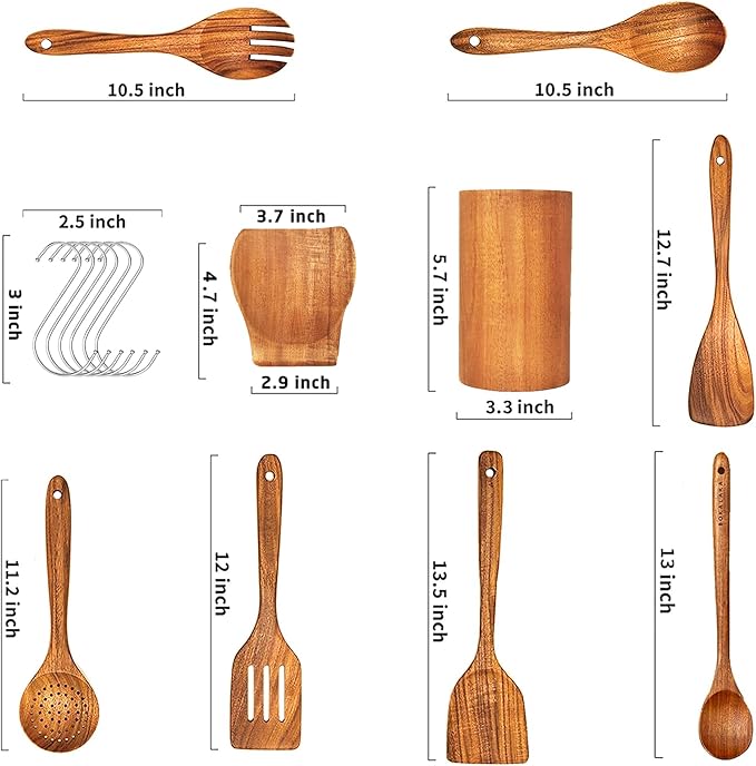 Wooden Spoons for Cooking, 9Pcs Natural Teak Wooden Utensils for Cooking Wooden Kitchen Utensils Set and Holde Cooking Utensils Set