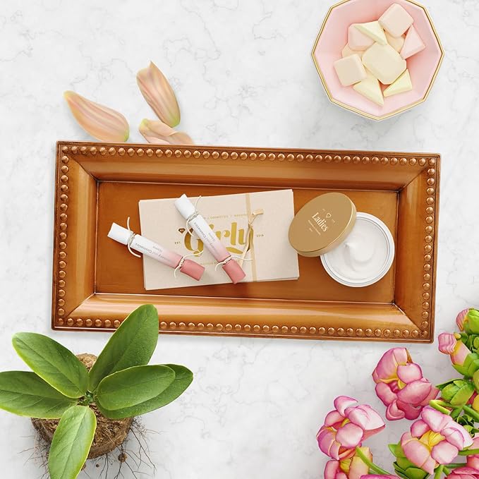 Leemxiiny 2 Pack Bronze Bathroom Vanity Tray for Countertop with Beads, Small Plastic Toilet Tank Versatile Storage Organization Tray for Makeup, Perfume, Desk, Kitchen, Candles, 14"x7"x1", 36GT