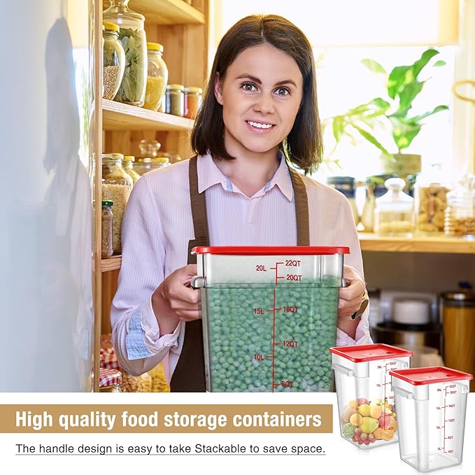 Suclain 2 Pcs Square Food Storage Container Polycarbonate Clear Food Container with Lid Commercial Rice Storage with Graduations for Commercial Kitchen(22 Qt,Red)
