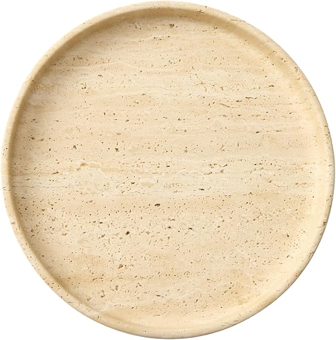 Apasqro Natural Travertine Vanity Tray – Round Beige Marble Tray for Bathroom, Jewelry, Candle, Perfume, Nightstand & Kitchen Decor, 10 Inch Wabi-sabi Style Decorative Stone Catchall Organizer