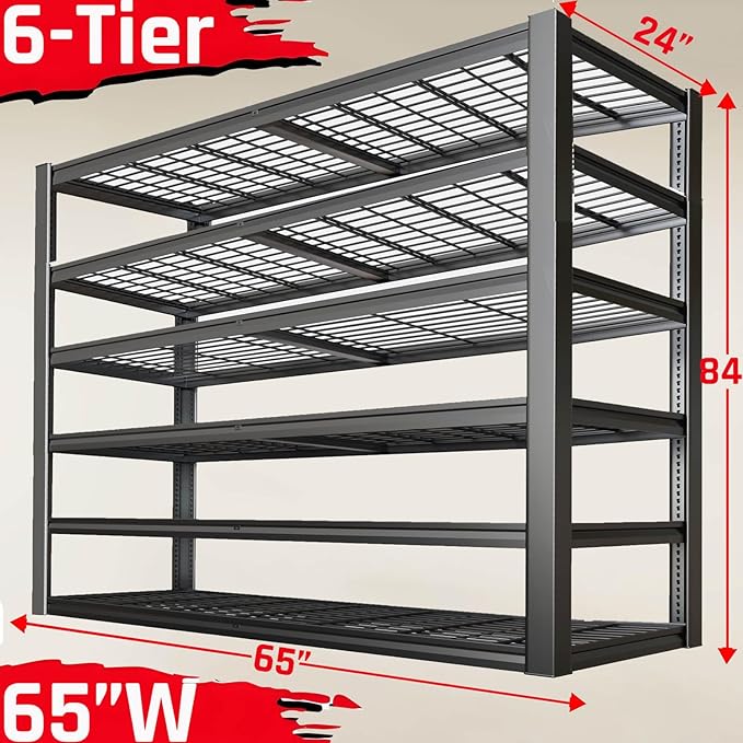 65" Wide Heavy Duty Garage Shelving Units, 6-Tier Deep Storage Shelves,Black Metal Garage Shelves,Steel Shelf,Large Storage Rack,Industrial Shelving for Shop, 65" W x 24" D x84 H,2 Pack