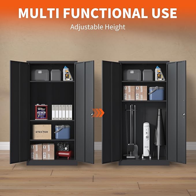 BIZOEIRON Metal Storage Cabinet with Adjustable Shelves, Garage Tool Cabinet with 2 Lockable Doors for Office, Home, Garage, Require Assembly, Black
