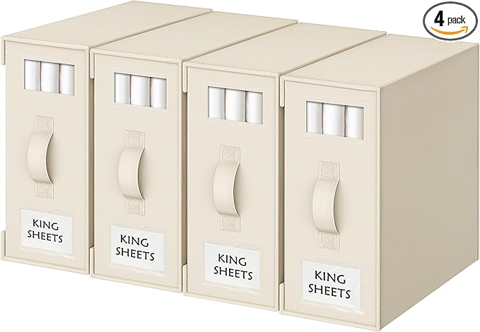Criusia Bed Sheet Organizers and Storage, 4 Pack Foldable Linen Closet Organizers – Bedding Holder for Sheet Set (King/Queen Sizes), Duvet Covers, Blankets (Beige)