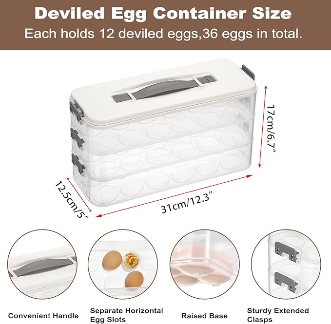 BSTKEY Deviled Egg Containers with Lid, 3 Layer Deviled Egg Platter Carrier Trays for 36 Eggs, Fridge Stackable Portable Egg Holder with Handle for Home Kitchen Party Easter Picnic