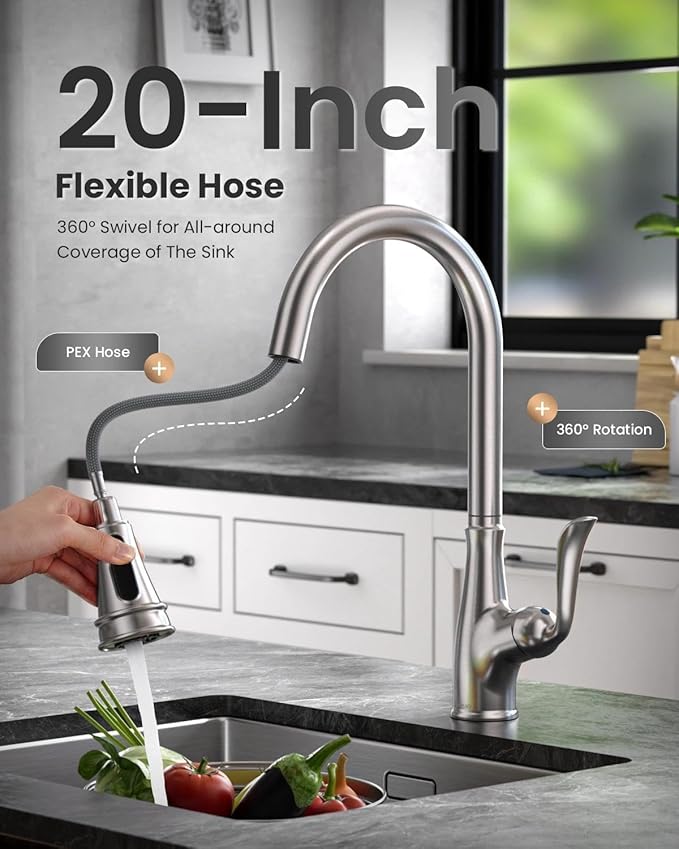 APPASO Patented Brushed Nickel Kitchen Faucet, Single Handle Kitchen Faucet with Pull Down Sprayer, Stainless Steel High Arch, cUPC-Certified Pull-Out Hose, Water Supplies & Valve