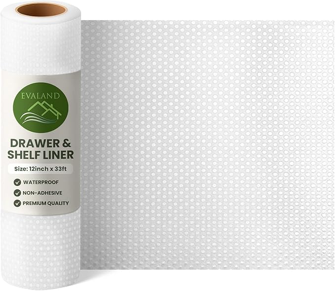 EVALAND Shelf Liners for Kitchen Cabinets Non-Adhesive 12" x 33 FT Clear Drawer Liner Non Slip, Washable Cabinet Liner, Waterproof Shelf Liners for Cabinets, Refrigerator Bathroom Pantry Cabinet Mat
