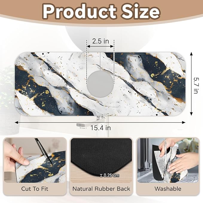 1 PC 15.4*5.7 Inch Absorbent Faucet Mat for Kitchen Sink Splash Guard Fast Drying Kitchen Faucet Mat for Bathroom Kitchen Marble