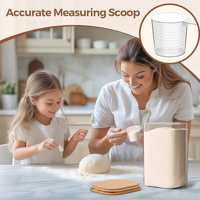 ComSaf Glass Pantry Storage Containers, 4.6Qt/1.6Qt Large Square Flour and Sugar Containers with Airtight Lids, 1.2 Gallon Glass Jars with Bamboo Lids for Rice, Pasta, Cookies, Coffee Beans