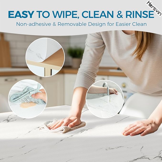 Hersvin Shelf Liners 10 in x 20 ft EVA Drawer Mats, Non-Adhesive Cupboard Protector, Kitchen Cabinet Lining Fridge Liner (White Marble Stripe, 25.4x610cm)