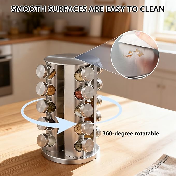 Wintline 20 Jar Revolving Spice Rack,Kitchen Spice Organization for Cabinet or Countertop,Seasoning Spice Organizer with Polished Stainless Steel&Black Caps