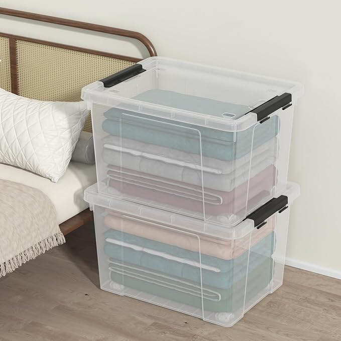 Sandmovie 4 Packs 50 Quart Large Plastic Clear Storage Box with Wheels, Clear Totes for Storage with Lids