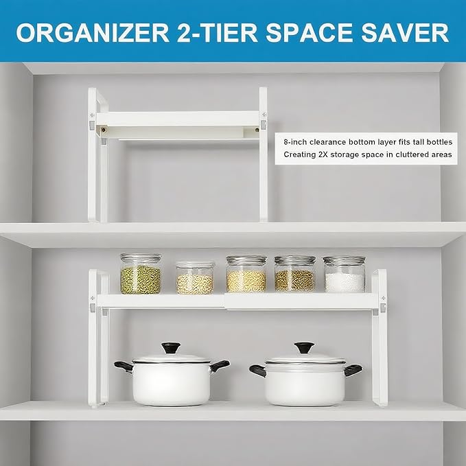 Expandable Cabinet Shelf Organizer 14-25 Inch Adjustable Length, 11" Wide 2-Tier (8" Bottom Layer) Metal Storage Rack for Kitchen Pantry, Under Sink Countertop - Heavy Duty White(1 Pack)