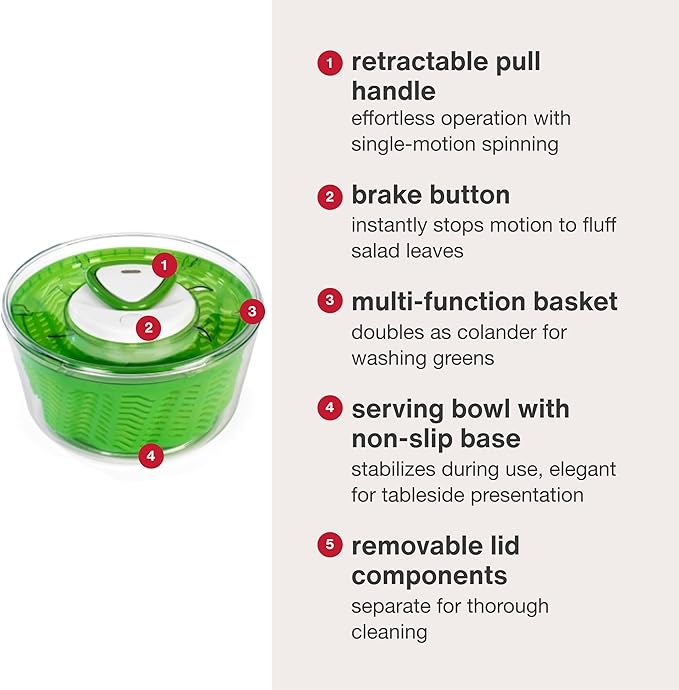 Zyliss Easy Spin 2 AquaVent Large Salad Spinner - Salad Spinner with Pull Cord - Salad Bowl for 4 to 6 Servings - Manual Vegetable and Fruit Dryer - Vegetable Spinner with Brake - Green, Large
