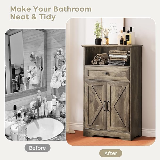 Viroformo Floor Cabinet, Farmhouse Storage Cabinet with Barn Doors and Drawer, 11.81" D x 23.62" W x 39.37" H Grey Freestanding Adjustable Shelf Organizer for Bathroom, Kitchen, Living Room