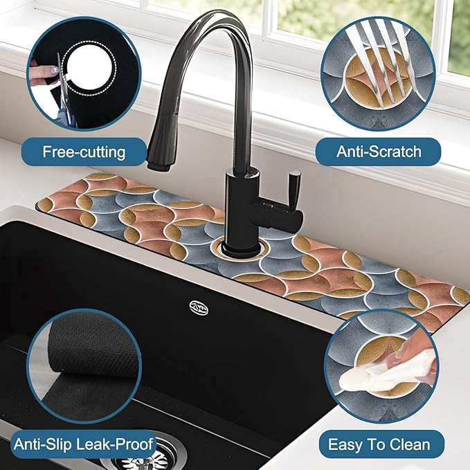 Geometric Printing Sink Splash Guard Faucet Mat Ceramic Tile Texture Super Absorbent Fast Drying Mat Sink Gadgets-Splash Guard Behind Faucet Drip Catcher for Kitchen Bathroom, 23.5"x5.5"