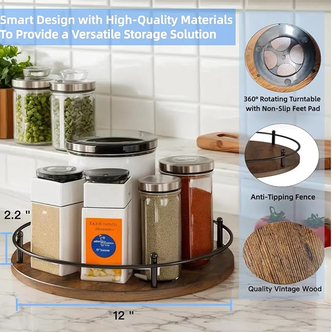Wooden Lazy Susan Turntable Organizer for Cabinet, Table Top, Kitchen, Pantry, Bathroom, Vanity Countertop, Rotating Wood Lazy Susans Rack for Condiment, Seasoning, Spice Storage Organization(Round)