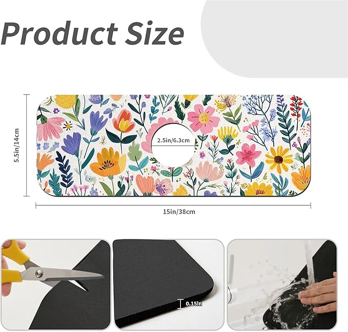 Kitchen Sink Splash Guard，Cute spring floral Faucet Mat Sink Gadgets-Super Absorbent Fast Drying Mat Drip Catcher for Kitchen, Bathroom,Sink Mat, Dish Drying Mat, Bathroom(15" X 5.5" )