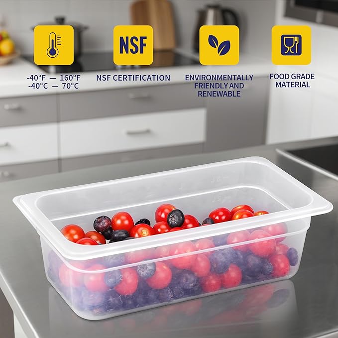 BIEAMA 6 Pack 1/3 Size 4'' Deep Food Pans with Lids, Translucent Polypropylene, BPA-free, Commercial Stackable Freezer-safe Storage for Restaurants, Buffets