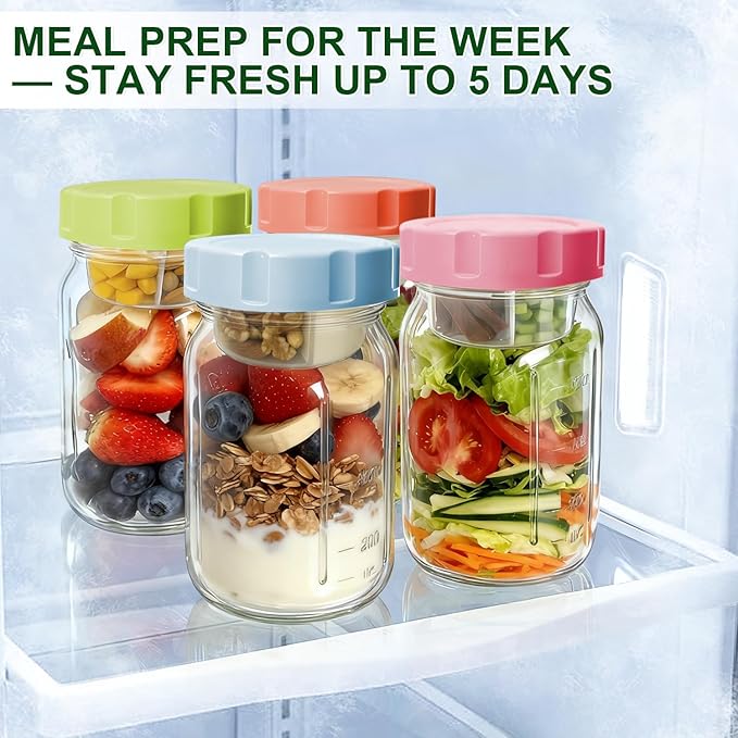 4 Pack Glass Salad Jars with Lids,32oz Mason Jars for Meal Prep,Leakproof Lunch Container with Two Small Built-in Boxes for Wet/Dry Separation of Salad Dressing and Dry Ingredients (4 Color Pack)