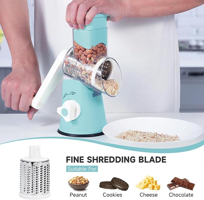 REDPANT Rotary Cheese Grater, Cheese Grater Hand Crank with 3 Interchangeable Blades, Manual Cheese Shredder with Strong Suction Base, Easy to Use and Clean, Blue
